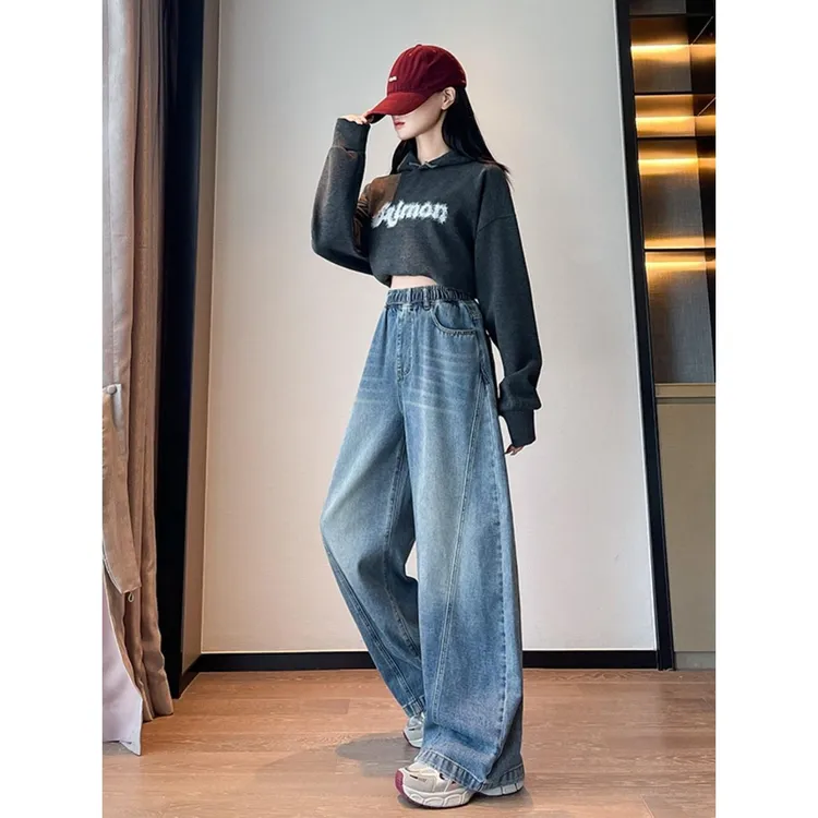 大码女装秋冬学生松紧腰牛仔裤女2025年今年流行的显瘦百搭阔腿裤
