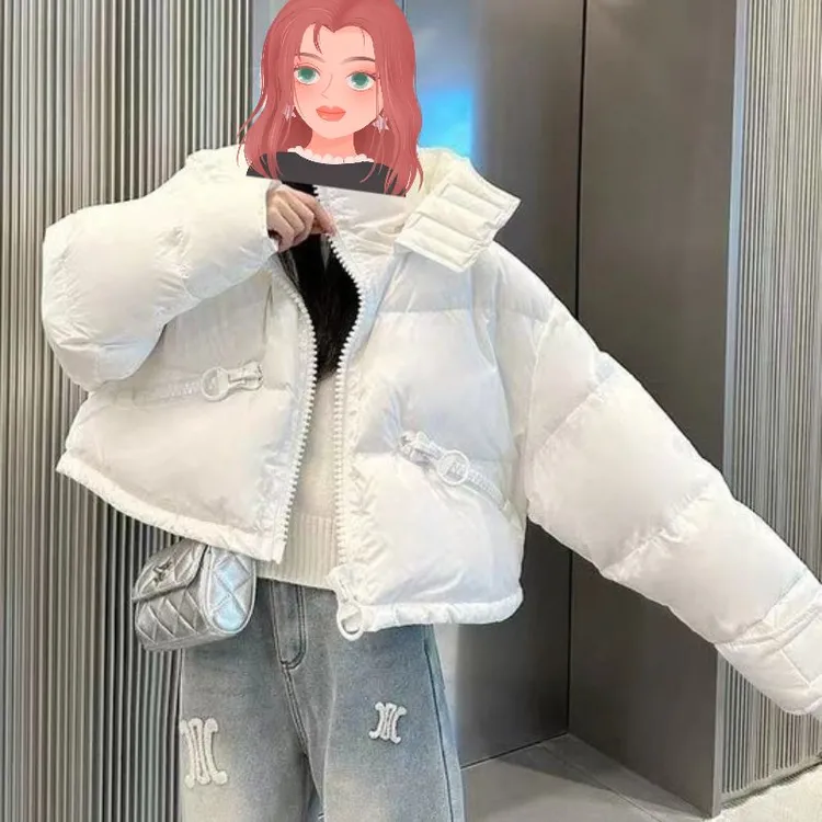 白鸭绒短款棉服女保暖大拉链设计感小个子韩版面包服百搭宽松外套