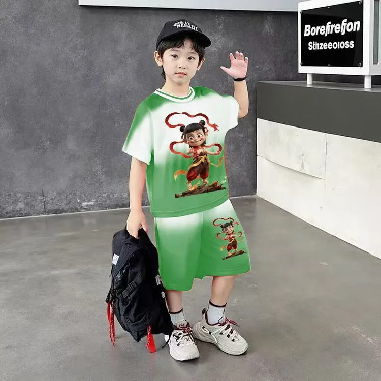 夏季休闲儿童短袖套装男女童薄款卡通动漫两件套聚酯纤维高弹舒适