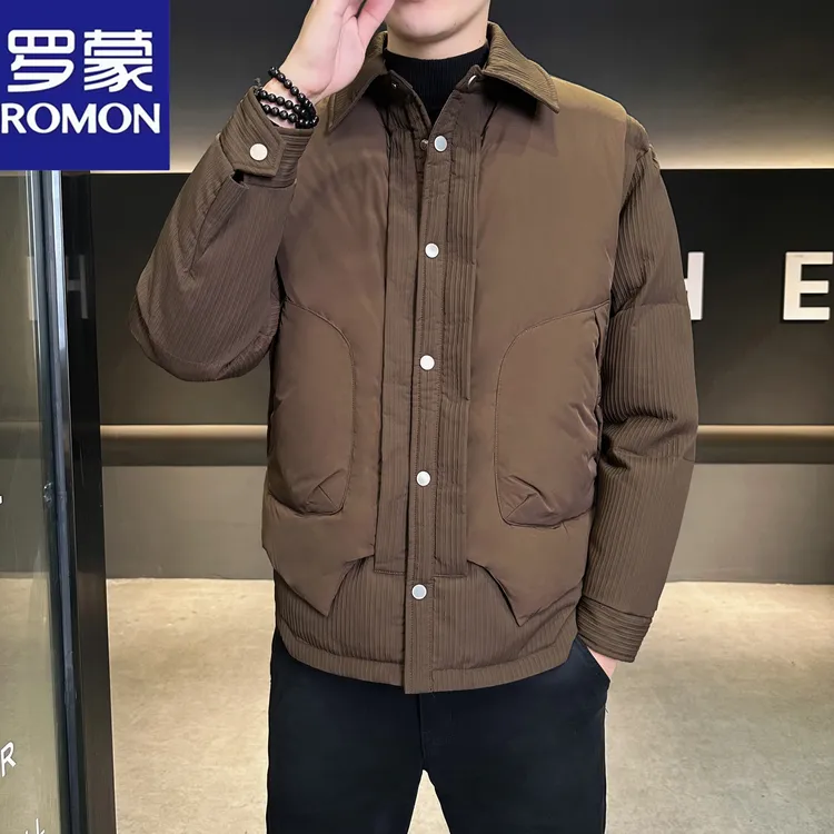 罗蒙翻领保暖纯色条纹外穿羽绒服外套轻薄款商务秋冬韩版男装外套