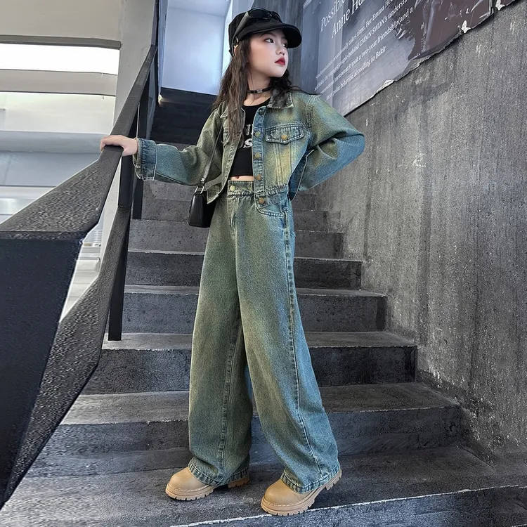 女童复古美式牛仔套装2025新款秋装女童时髦衣服中大童洋气两件套