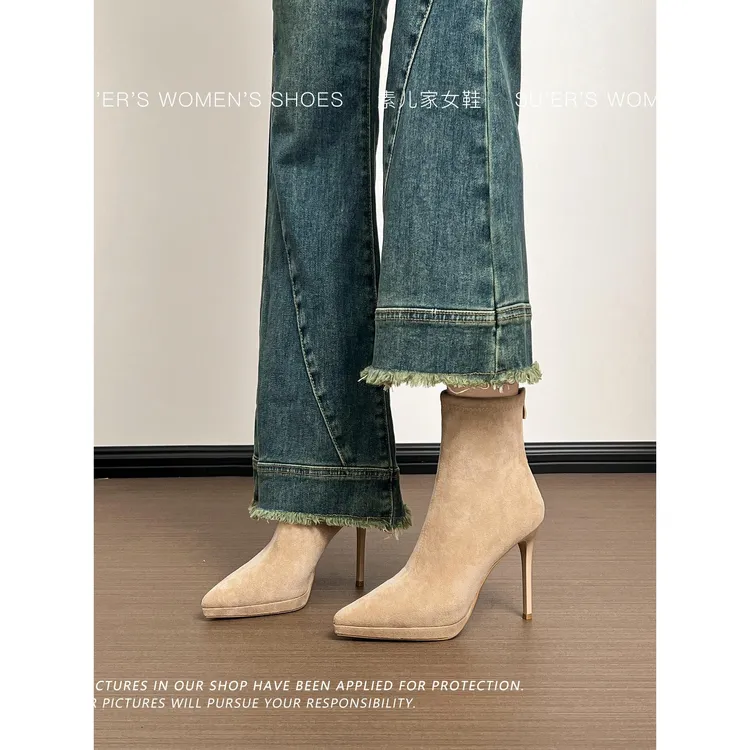 羊皮版~ 秋冬季裸色高跟鞋女细跟防水台厚底恨天高性感尖头短靴女