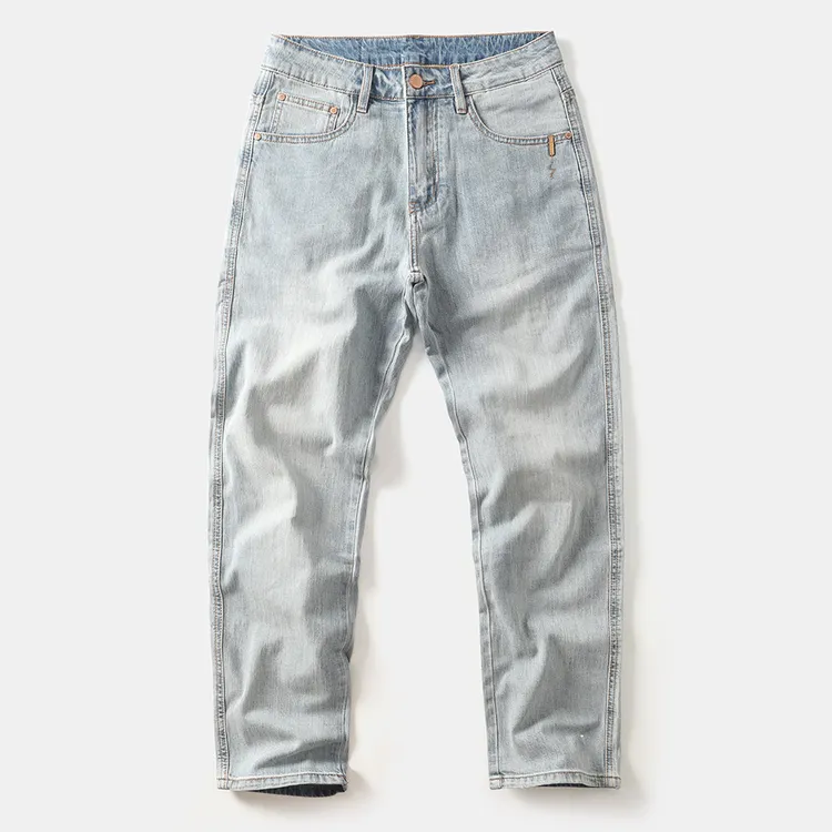 尼因基鲁复古美式休闲水洗浅蓝色牛仔裤男款直筒宽松弹力磨白潮流