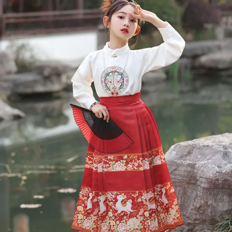 长款女童马面裙绣花夏季学生女孩汉服改良新款古风高端长袖套装儿