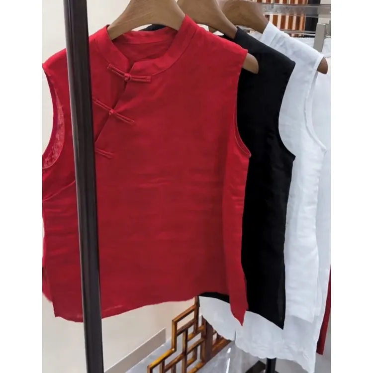 景倩妮今年爆款国风盘扣优雅大气上衣2025年夏季新款显瘦无袖上衣