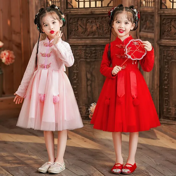 服冬季加绒宝宝过年喜庆衣服拜年女童公主裙儿童连衣裙唐装中国风
