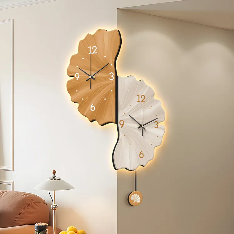 银杏叶客厅转角挂钟双面电子客厅拐角装饰品新款挂墙网红转角挂钟