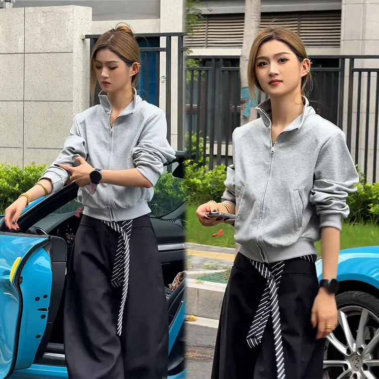 2025秋季新款设计感慵懒风百搭立领长袖开衫女休闲阔腿裤两件套装