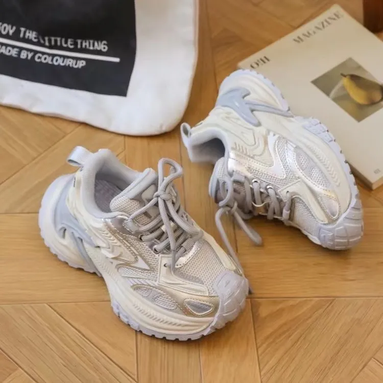 赵露思同款真皮户外老爹鞋女儿童鞋透气响尾蛇机复古男童运动鞋