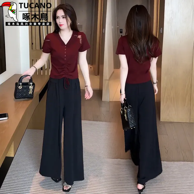 啄木鸟时尚套装女2025夏季新款设计感洋气V领T恤洋气时髦两件套