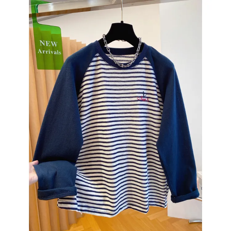 胖妹妹240斤韩系条纹插肩长袖t恤女春秋薄款宽松遮肉显瘦休闲上衣