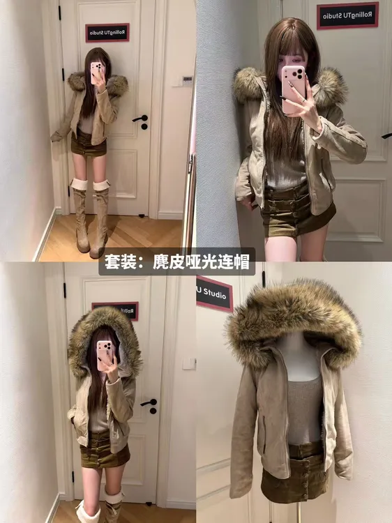 麂皮哑光连帽毛领短款外套微修身直筒2025秋冬新款上衣女