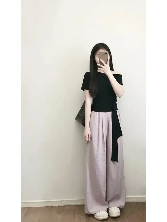 2025夏季新款韩系高级感不规则短袖上衣百搭紫色阔腿裤气质两件套