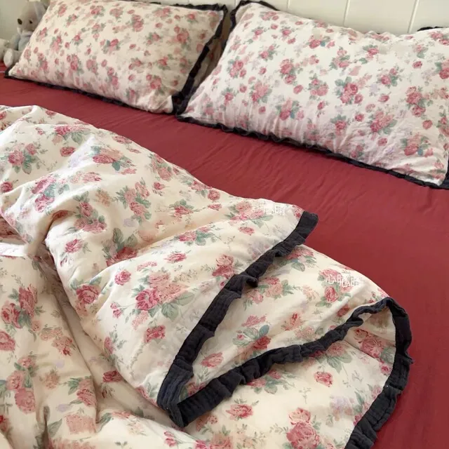 A类母婴级棉双层纱床上四件套法式皱皱花边棉被套床单三件套新品