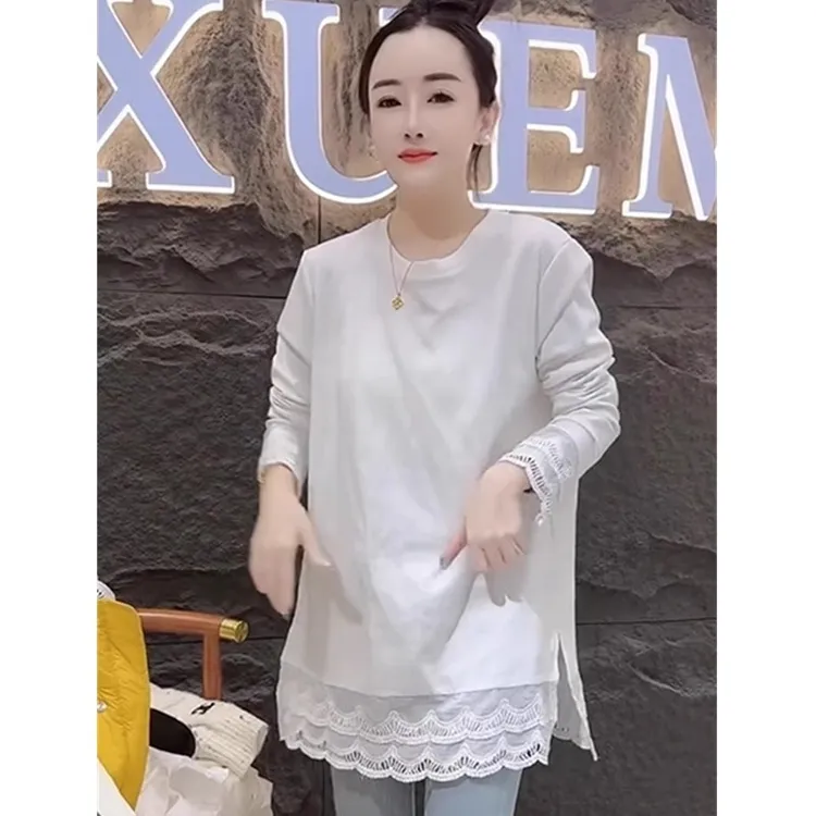 春秋季新款中长款百搭韩版长袖T恤女设计感开叉蕾丝拼接叠穿上衣