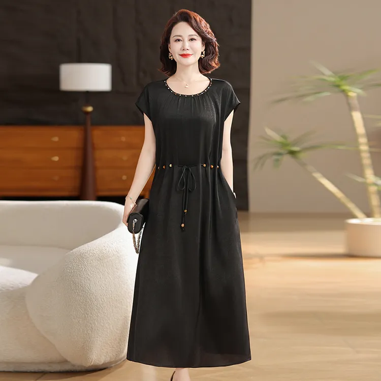 妈妈装短袖冰丝缎显瘦高腰过膝长裙中老年女装老人连衣裙夏季女薄