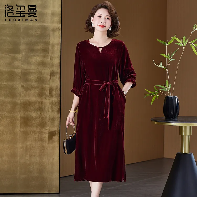 洛玺曼品牌真丝绒连衣裙高端新款气质女装2025年开春桑蚕丝裙子