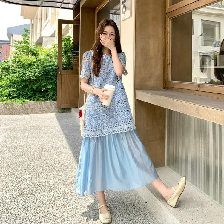 假两件镂空连衣裙女2025夏季新款优雅气质法式浪漫温柔风显瘦裙子