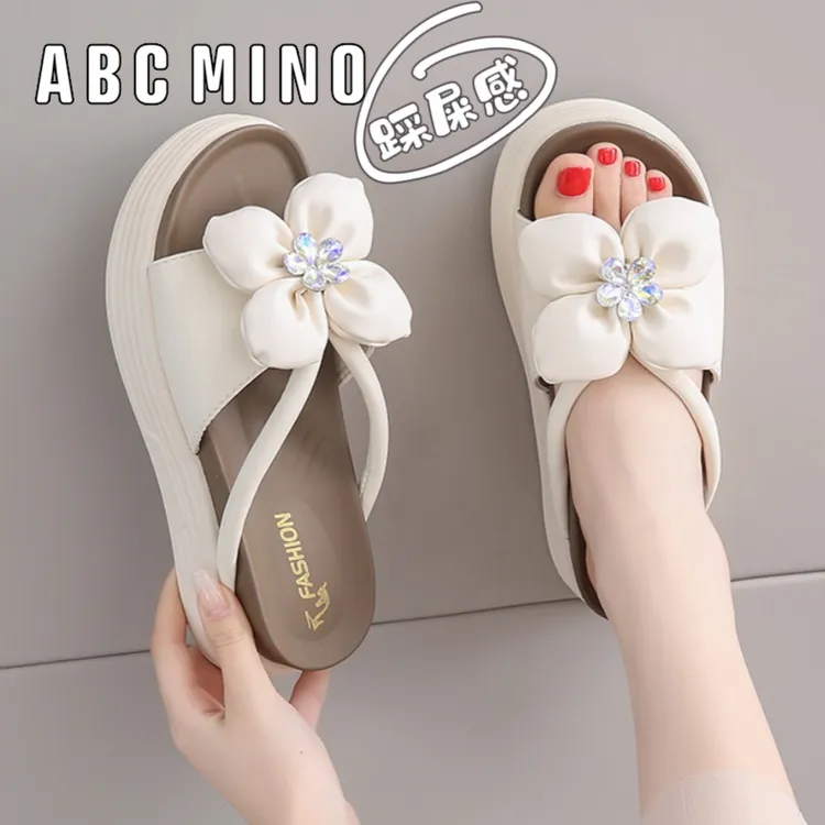 ABC MINO踩屎感拖鞋女夏季外穿2025新款花朵水钻厚底设计感沙滩鞋