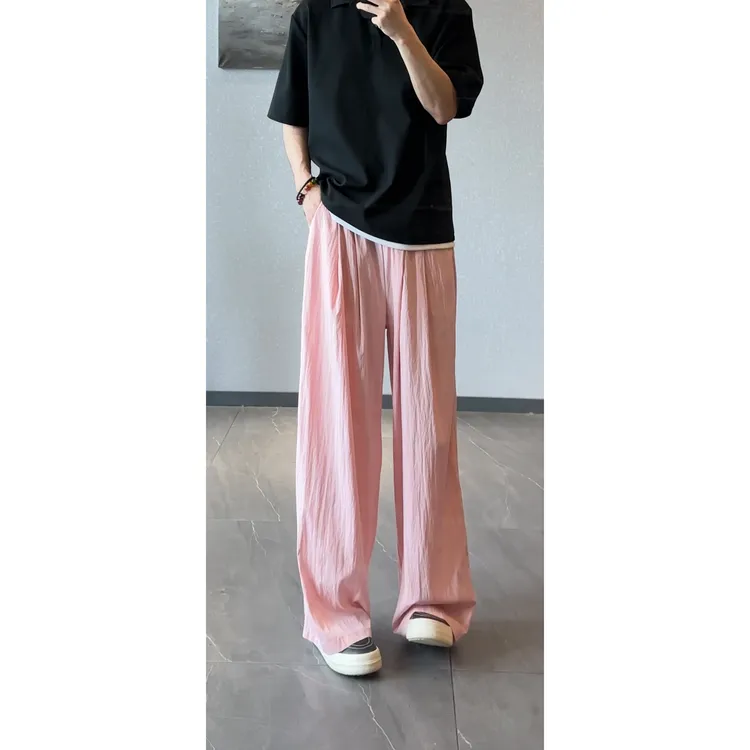 多巴胺褶皱冰丝山本裤男夏季薄款美式高街直筒宽松潮流松弛感裤子