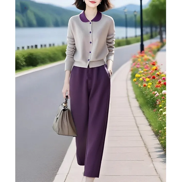 2025秋季新款高级感撞色翻领针织衫休闲气质九分裤两件套女套装潮