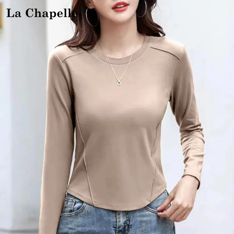 拉夏贝尔2024新款鱼骨长袖打底衫春秋季新款大码内搭修身百搭纯色