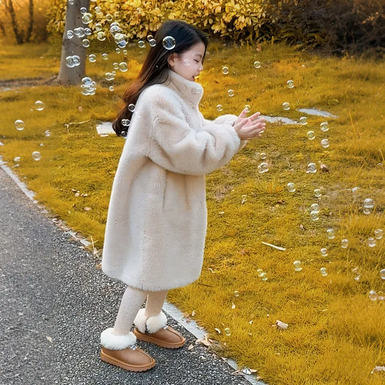 女童毛毛外套皮毛一体冬女宝儿童环保仿皮草棉袄中长款仿貂绒大衣