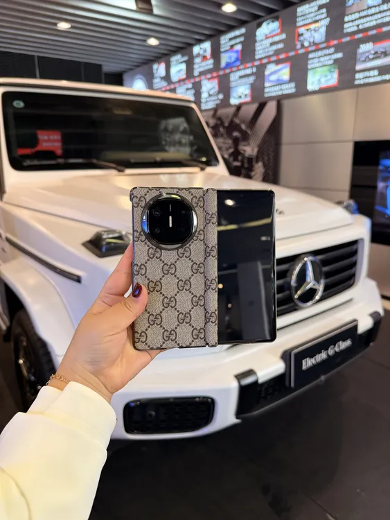 适用于华为Matex7/Matex6 时尚压花磁吸中轴折叠手机壳 透明边框