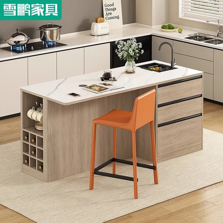 开放式厨房中岛台岩板水槽吧台餐桌一体客厅双面隔断储物柜6E73
