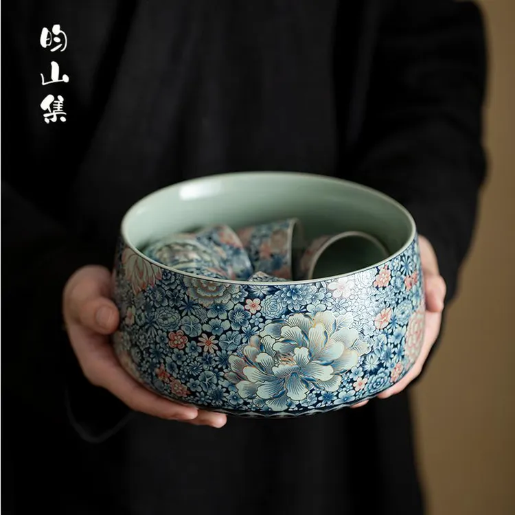 中式汝窑青花茶洗茶海家用复古陶瓷洗茶器建水茶道配件茶渣废水桶