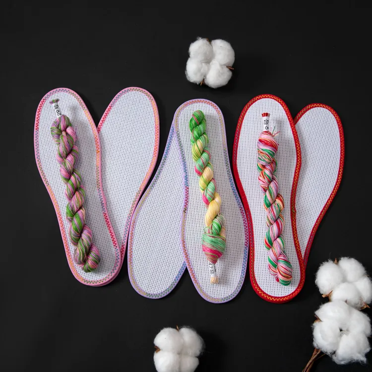 【3双装】七彩线+小格花边白板鞋垫透气七层棉布十字绣鞋垫子吸汗