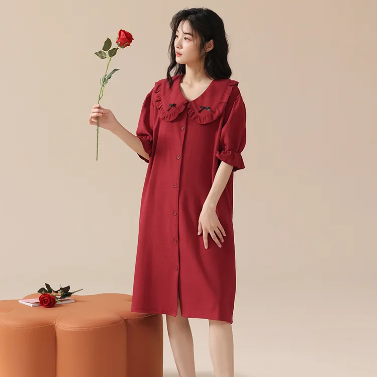 短袖睡裙女春夏天薄款100%纯棉红色本命年新婚宽松家居服孕妇可穿