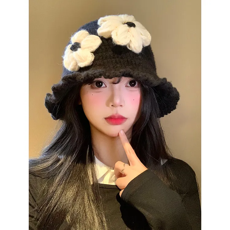 花朵针织渔夫帽女秋冬季韩版显脸小黑色水桶帽大头围保暖毛线帽子