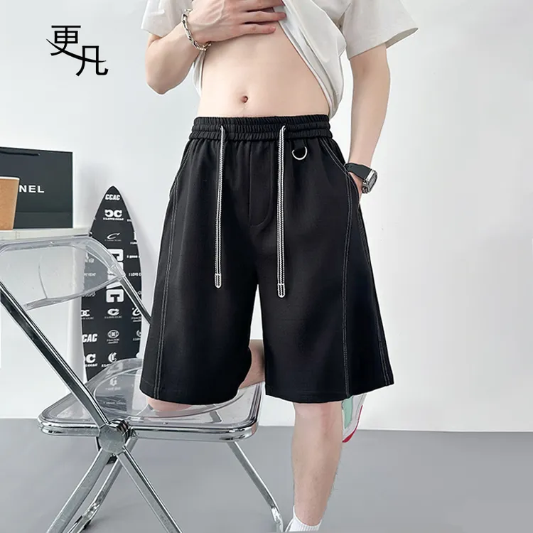 更凡夏季明辑线纹理感休闲五分裤潮流拼色抽绳斜切透气男士短裤