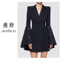 2025秋季新款黑色拼接蕾丝袖欧美小西装外套设计感西服
