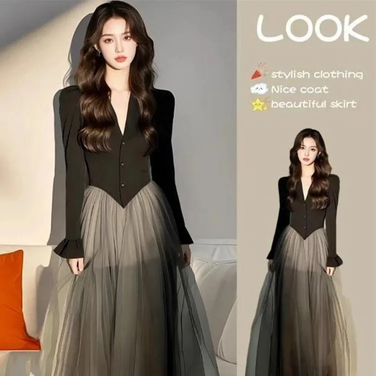 显瘦连衣裙休闲拼接长袖气质个性高级感甜美2026年春秋季新款女装