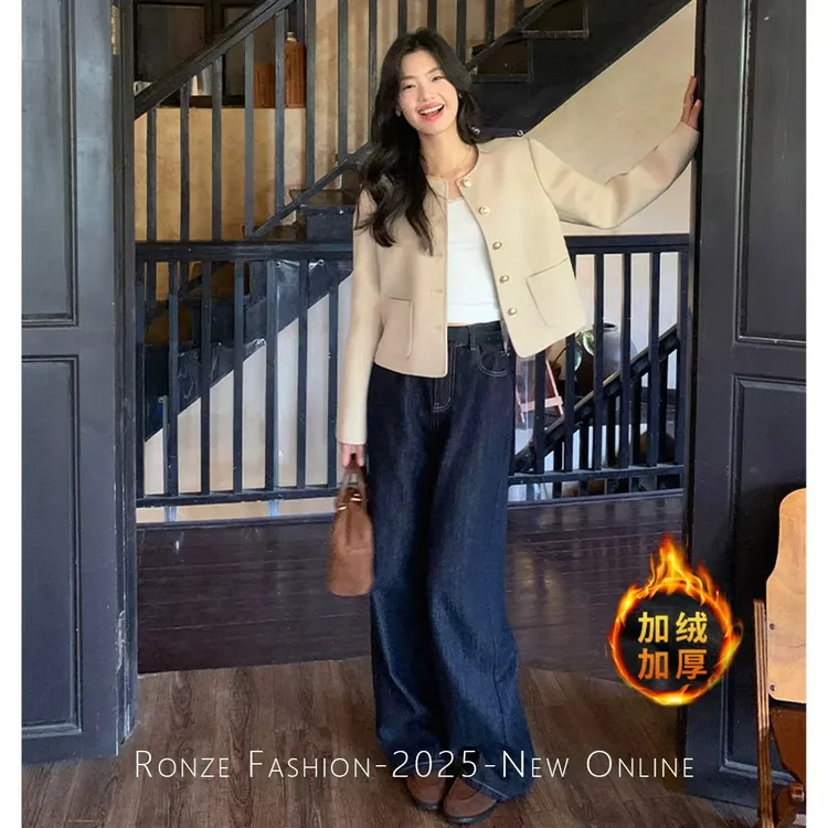 美式原牛ins风阔腿牛仔裤女百搭极简风老钱风蓝灰色加绒加厚裤子