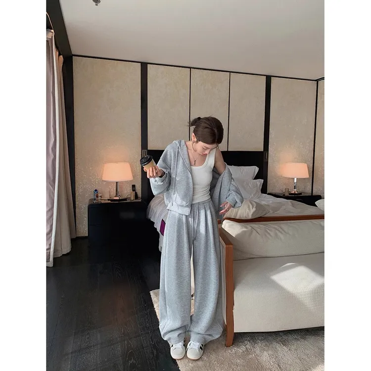 2025春秋季时尚套装美式运动风拉链立领外套阔腿休闲裤套装