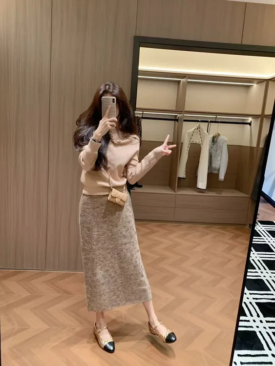 2025秋冬新款韩系小香风Polo领针织衫高腰显瘦气质半身裙两件套装