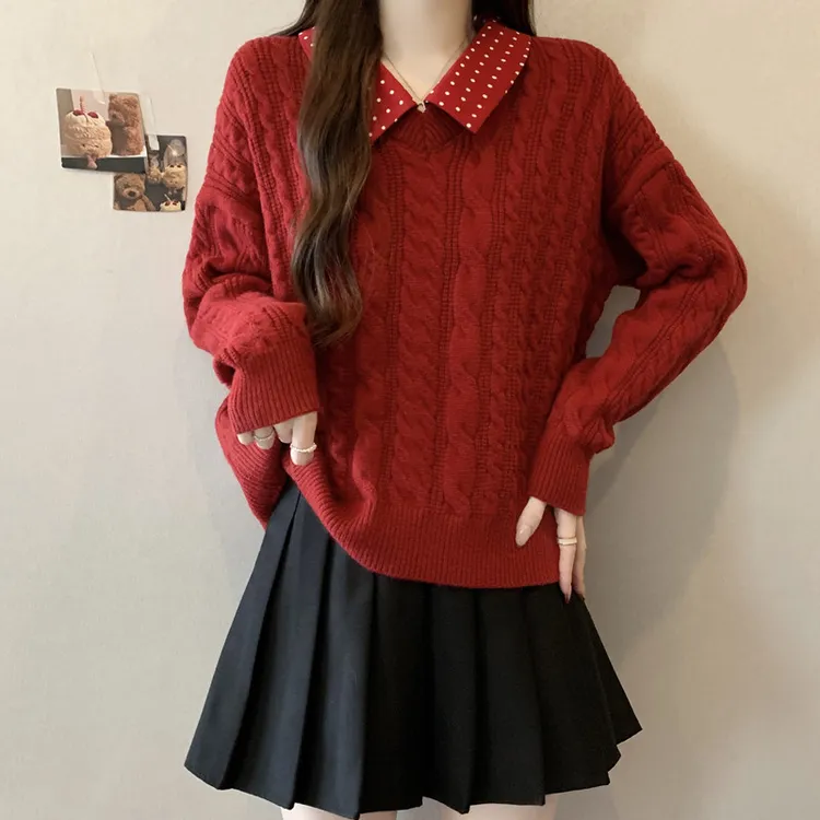 红色波点假两件polo领套头毛衣女大码胖MM遮肚子内搭打底翻领上衣