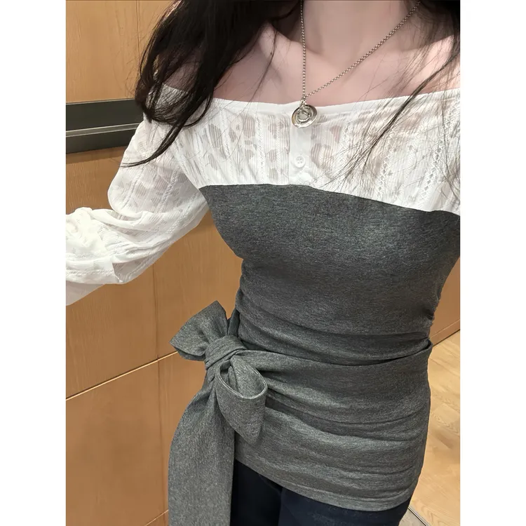 韩系撞色蕾丝拼接一字肩针织T恤女春季收腰修身蝴蝶结绑带上衣潮
