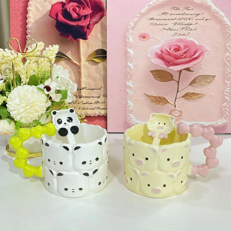 卡通陶瓷杯勺子款釉下彩手柄款马克杯水杯少女心杯碟餐具个性杯子