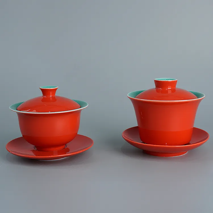 中国红薄胎三才盖碗高端陶瓷家用功夫茶具不烫手单个敬茶碗
