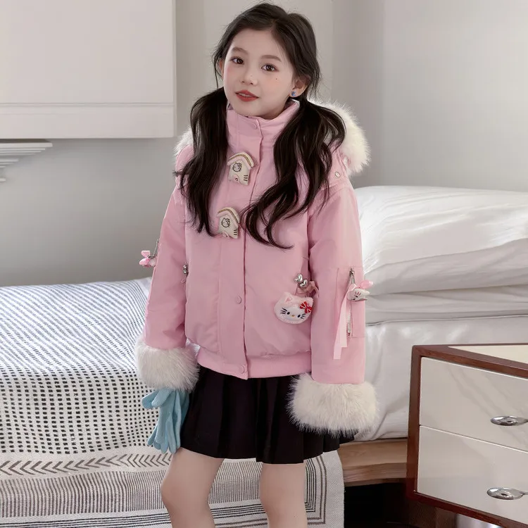女童秋冬加绒加厚可爱粉色派克服棉服外套中大童女孩保暖洋气公主