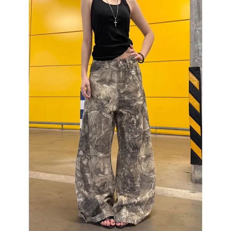 美式复古字母刺绣树枝休闲牛仔裤男女宽松百搭直筒阔腿个性长裤潮