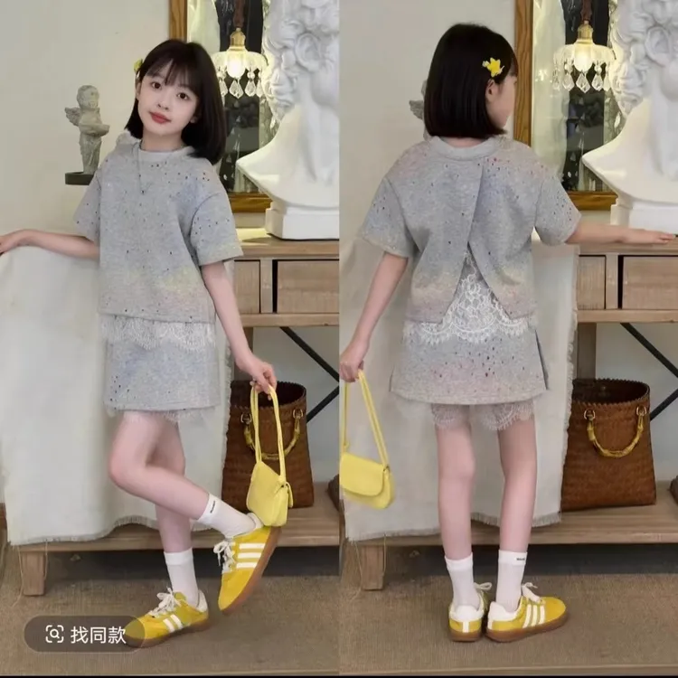 女童夏装套装2025新款儿童洋气时髦短袖T恤裙裤两件套蕾丝拼接