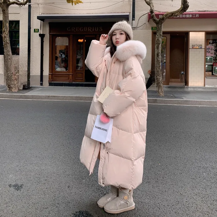 粉色大毛领长款羽绒棉服女冬季2025新款过膝超好看御寒加厚外套潮
