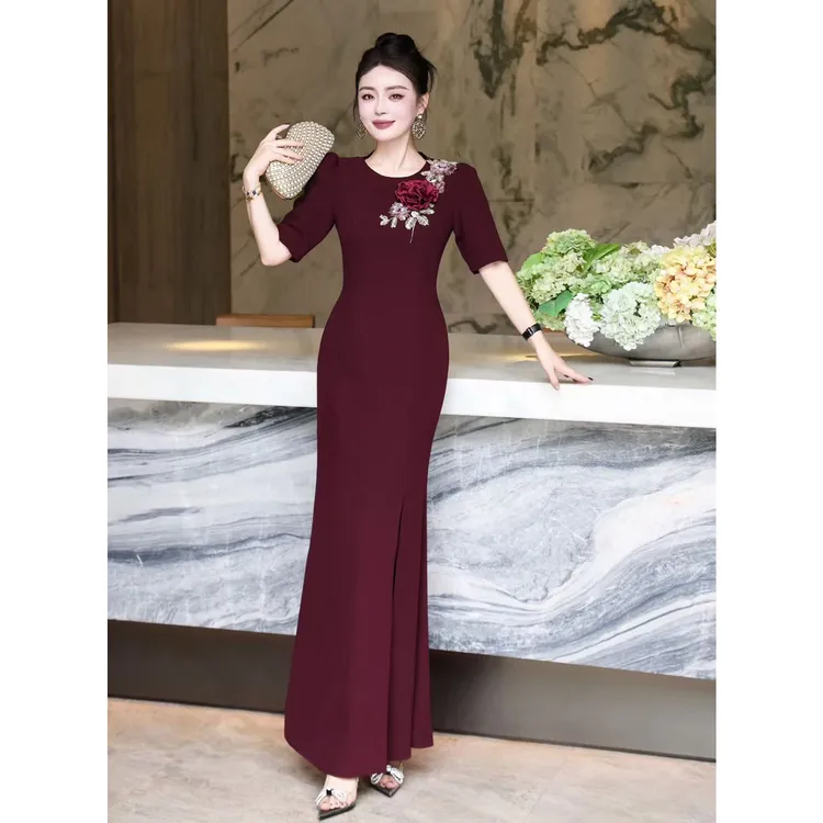 高档婚礼礼服裙立体花朵亮片修身鱼尾长裙喜妈妈喜婆婆晚宴连衣裙