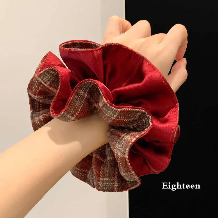 韩系红色格子缎面双层大肠发圈女高级感扎头发超大号发饰头绳秋冬