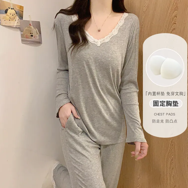 带胸垫睡衣女春秋季莫代尔长袖打底纯欲风灰色蕾丝花边防凸点套装